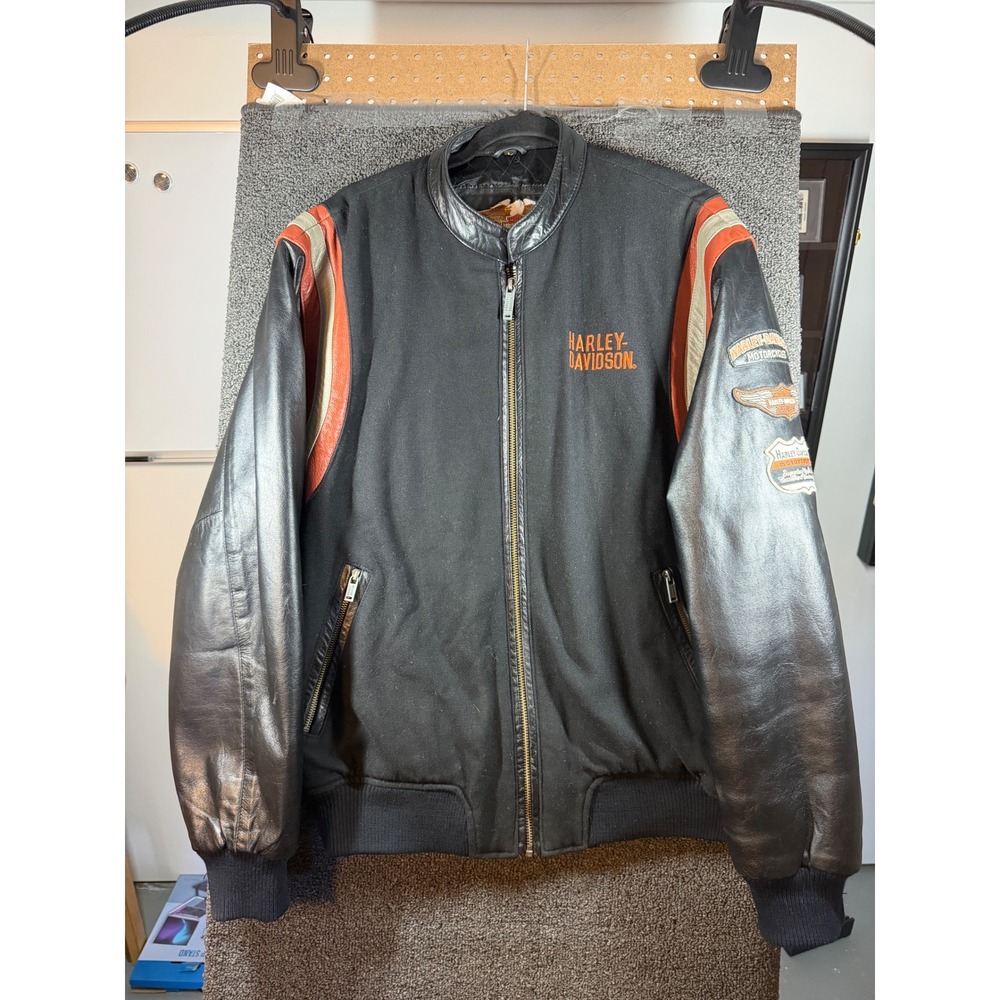 Harley-Davidson Bomber Jacket Mens Large Black Leather Wool Varsity Patches